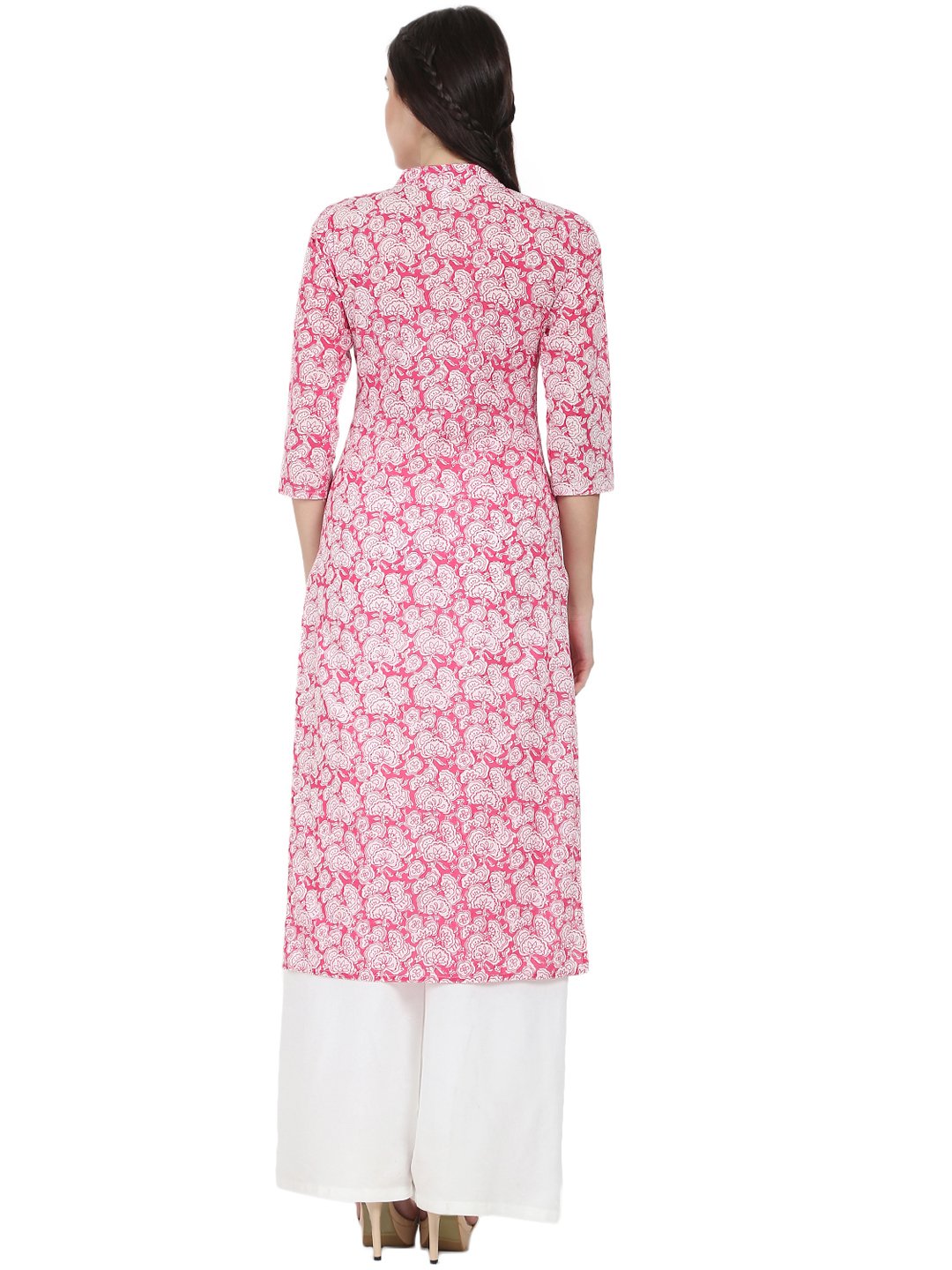 Women's Pink Printed 3/4Th Sleeve Cotton Kurta