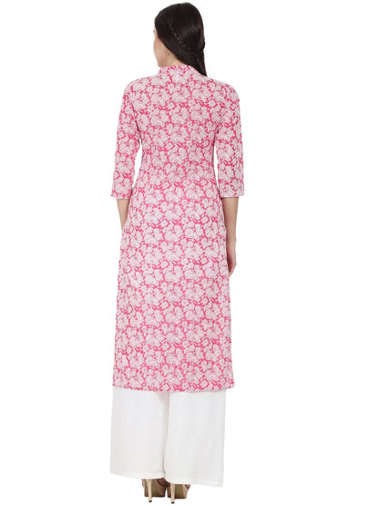 Women's Pink Printed 3/4Th Sleeve Cotton Kurta