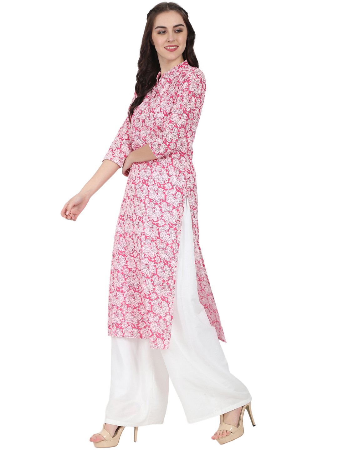 Women's Pink Printed 3/4Th Sleeve Cotton Kurta