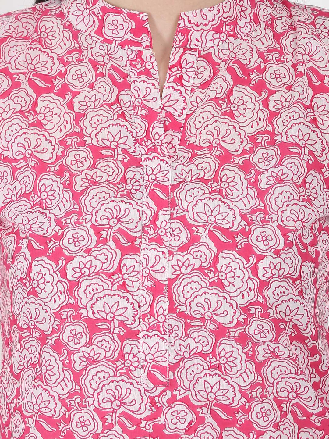 Women's Pink Printed 3/4Th Sleeve Cotton Kurta