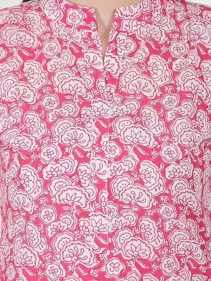 Women's Pink Printed 3/4Th Sleeve Cotton Kurta