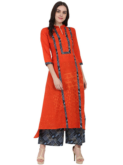 Women's Orange 3/4Th Sleeve Cotton A-Line Kurta With Grey Printed Ankle Length Kurta