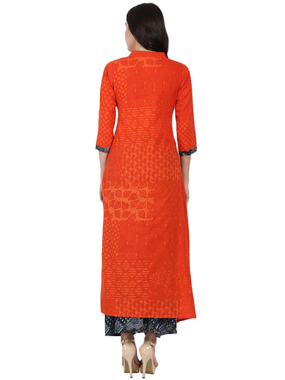Women's Orange 3/4Th Sleeve Cotton A-Line Kurta With Grey Printed Ankle Length Kurta