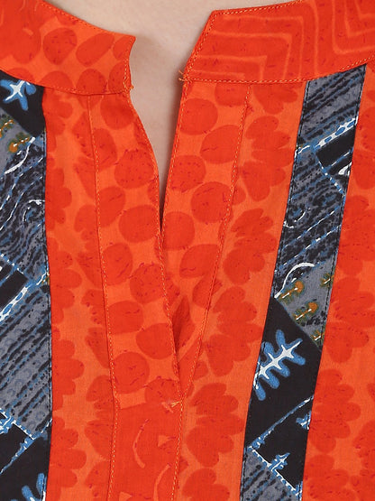 Women's Orange 3/4Th Sleeve Cotton A-Line Kurta With Grey Printed Ankle Length Kurta