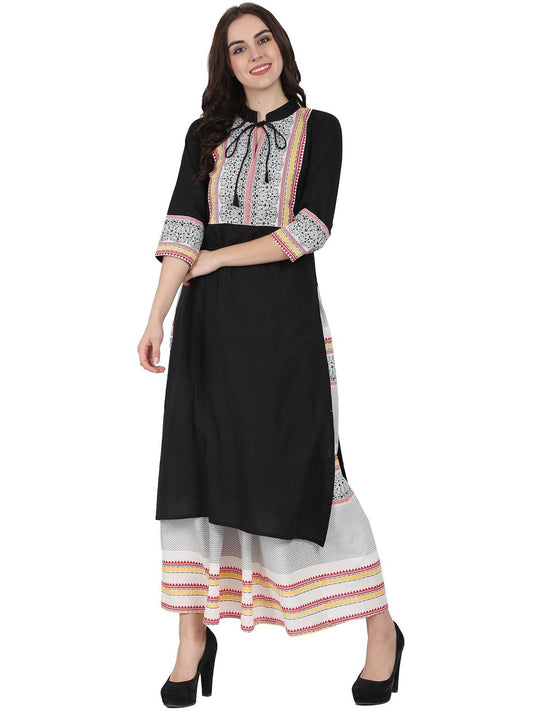 Women's Black 3/4Th Sleeve Cotton Kurta With Off White Printed Ankle Length Flared Skirt