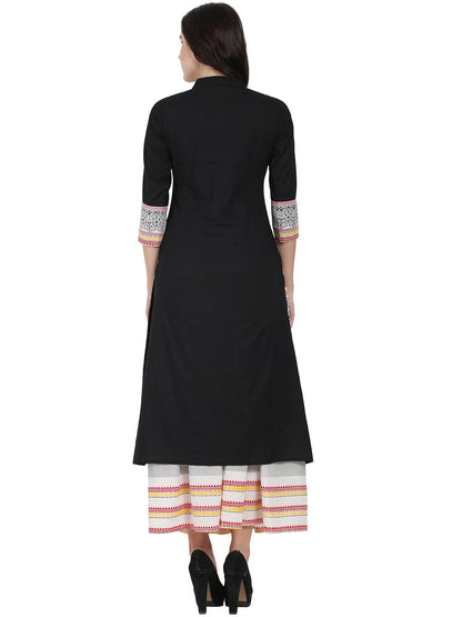 Women's Black 3/4Th Sleeve Cotton Kurta With Off White Printed Ankle Length Flared Skirt