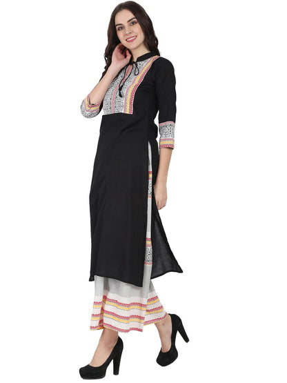 Women's Black 3/4Th Sleeve Cotton Kurta With Off White Printed Ankle Length Flared Skirt