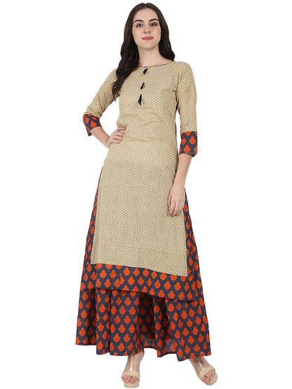 Women's Beige Printed 3/4Th Sleeve Cotton Kurta With Blue Printed Ankle Length Flared Skirt