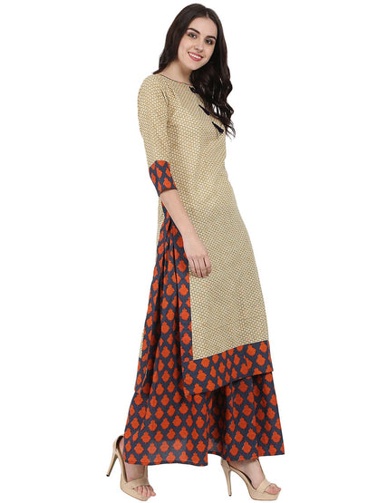 Women's Beige Printed 3/4Th Sleeve Cotton Kurta With Blue Printed Ankle Length Flared Skirt