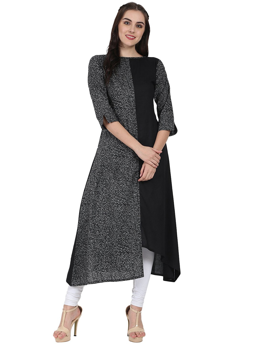 Women's Black Printed 3/4Th Sleeve Cotton A-Line Kurta
