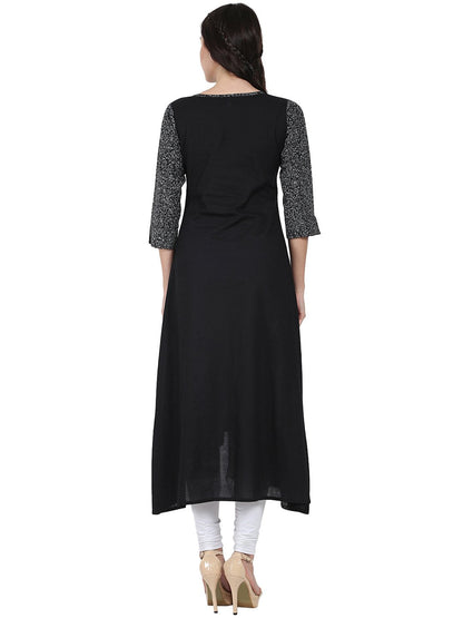 Women's Black Printed 3/4Th Sleeve Cotton A-Line Kurta