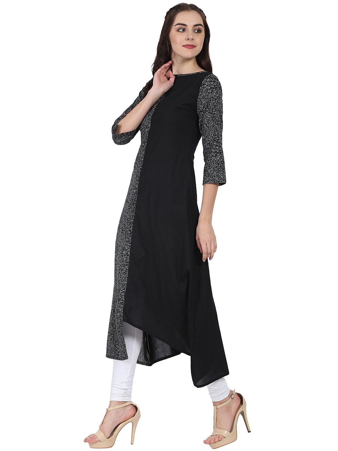 Women's Black Printed 3/4Th Sleeve Cotton A-Line Kurta