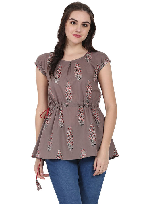 Women's Taupe Printed Cap Sleeve Cotton Tunic