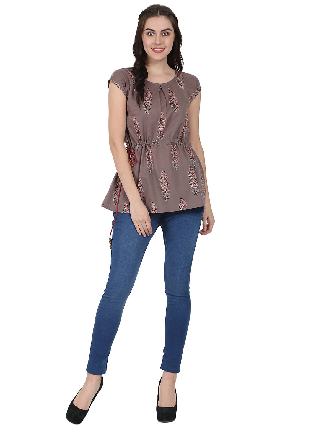 Women's Taupe Printed Cap Sleeve Cotton Tunic