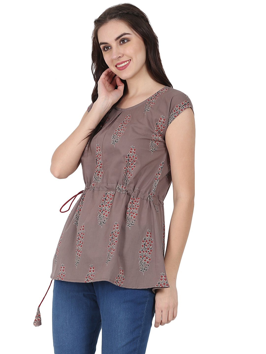 Women's Taupe Printed Cap Sleeve Cotton Tunic