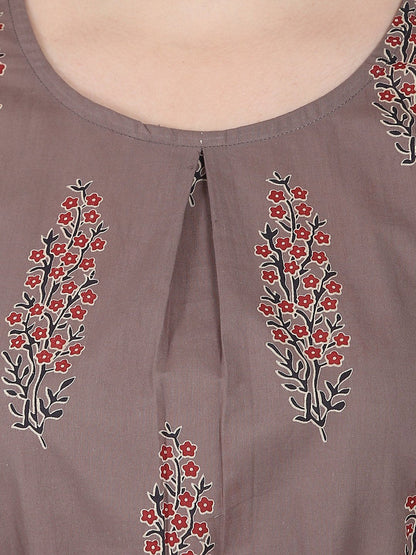 Women's Taupe Printed Cap Sleeve Cotton Tunic