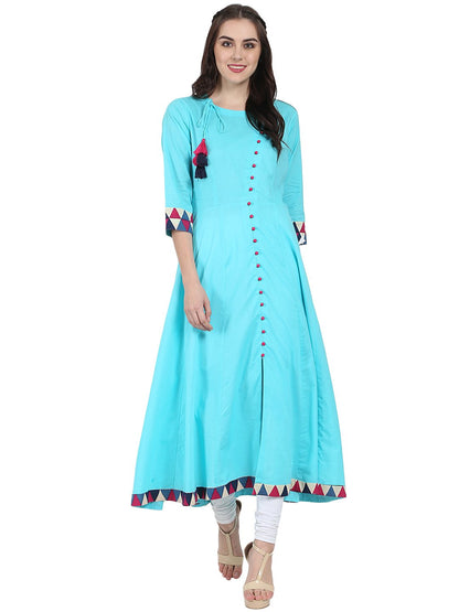 Women's Blue 3/4Th Sleeve Cotton A-Line Kurta With Latkan Work At Yoke