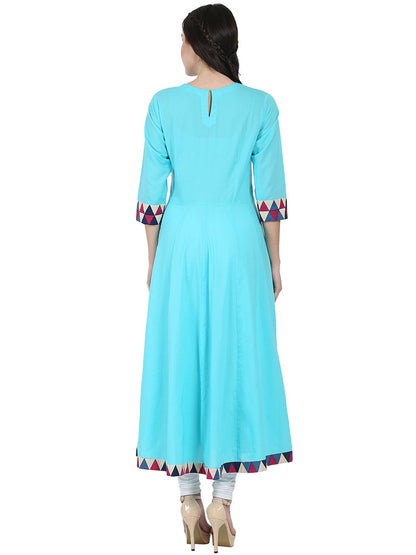 Women's Blue 3/4Th Sleeve Cotton A-Line Kurta With Latkan Work At Yoke