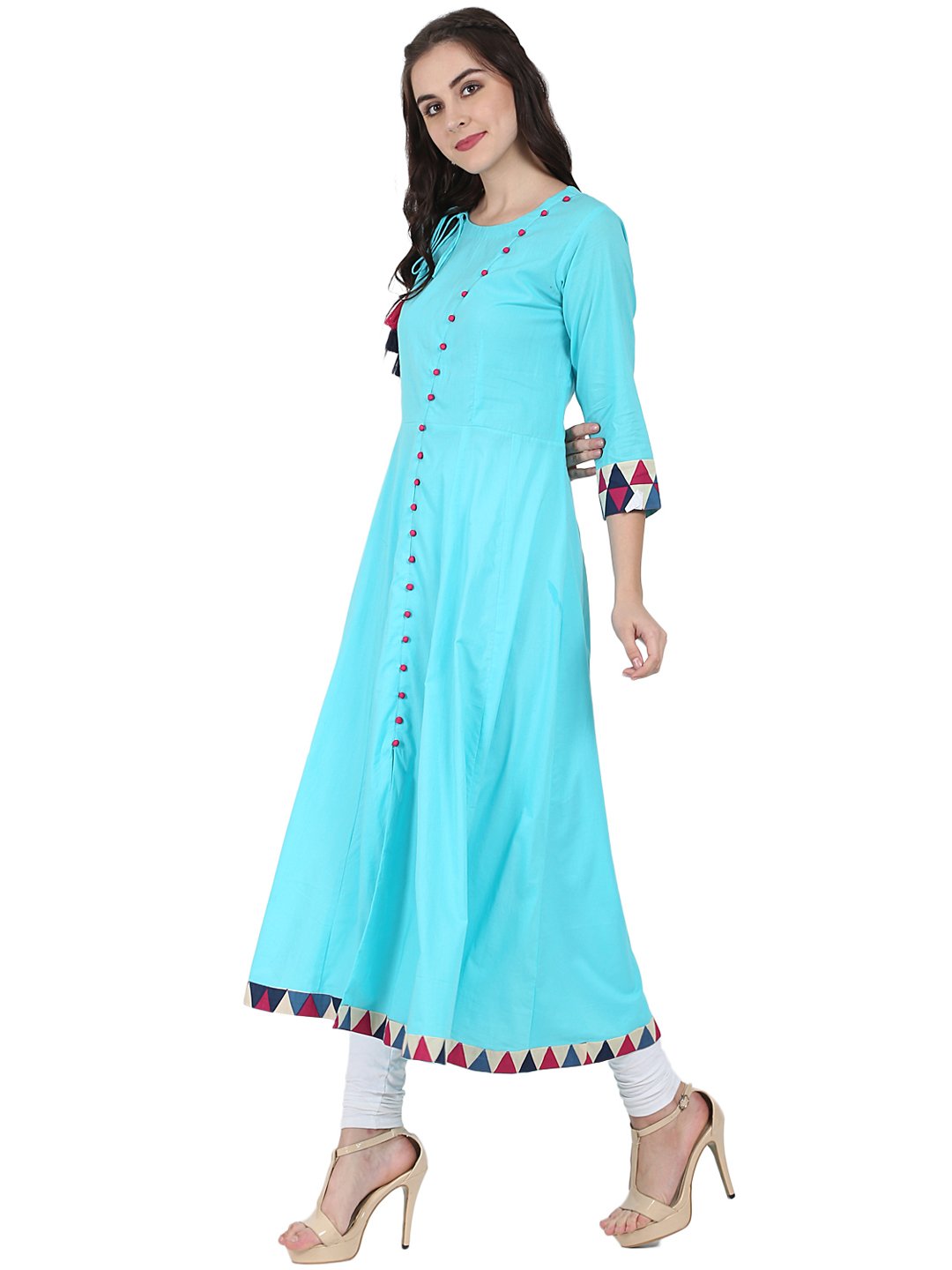 Women's Blue 3/4Th Sleeve Cotton A-Line Kurta With Latkan Work At Yoke