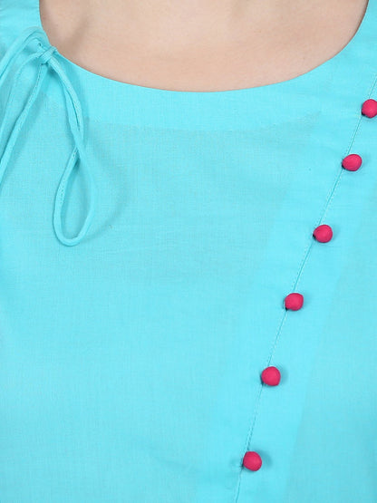 Women's Blue 3/4Th Sleeve Cotton A-Line Kurta With Latkan Work At Yoke
