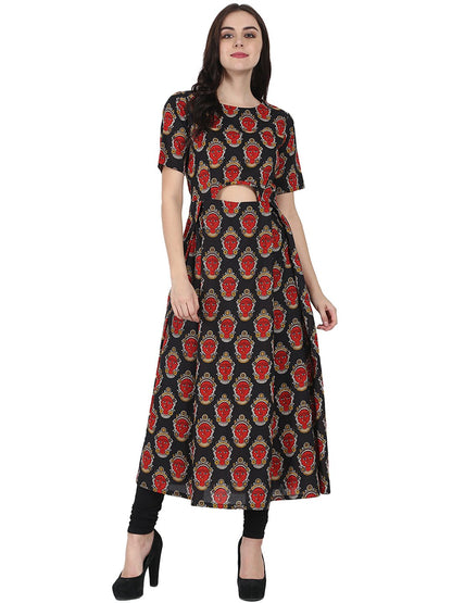 Women's Black Printed Half Sleeve Cotton Anarkali Kurta