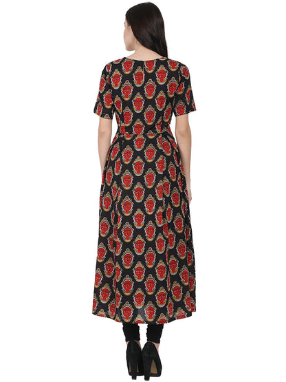 Women's Black Printed Half Sleeve Cotton Anarkali Kurta