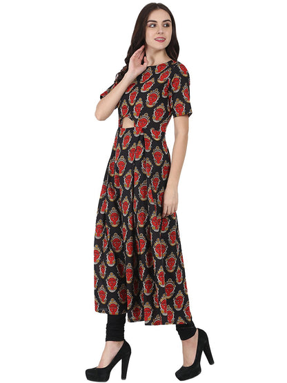 Women's Black Printed Half Sleeve Cotton Anarkali Kurta