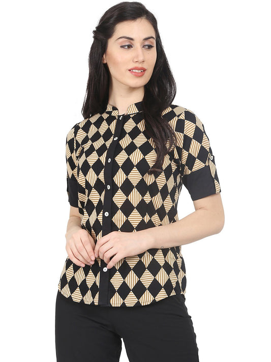 Women's Black & Beige Slim Fit Checked Casual Shirt