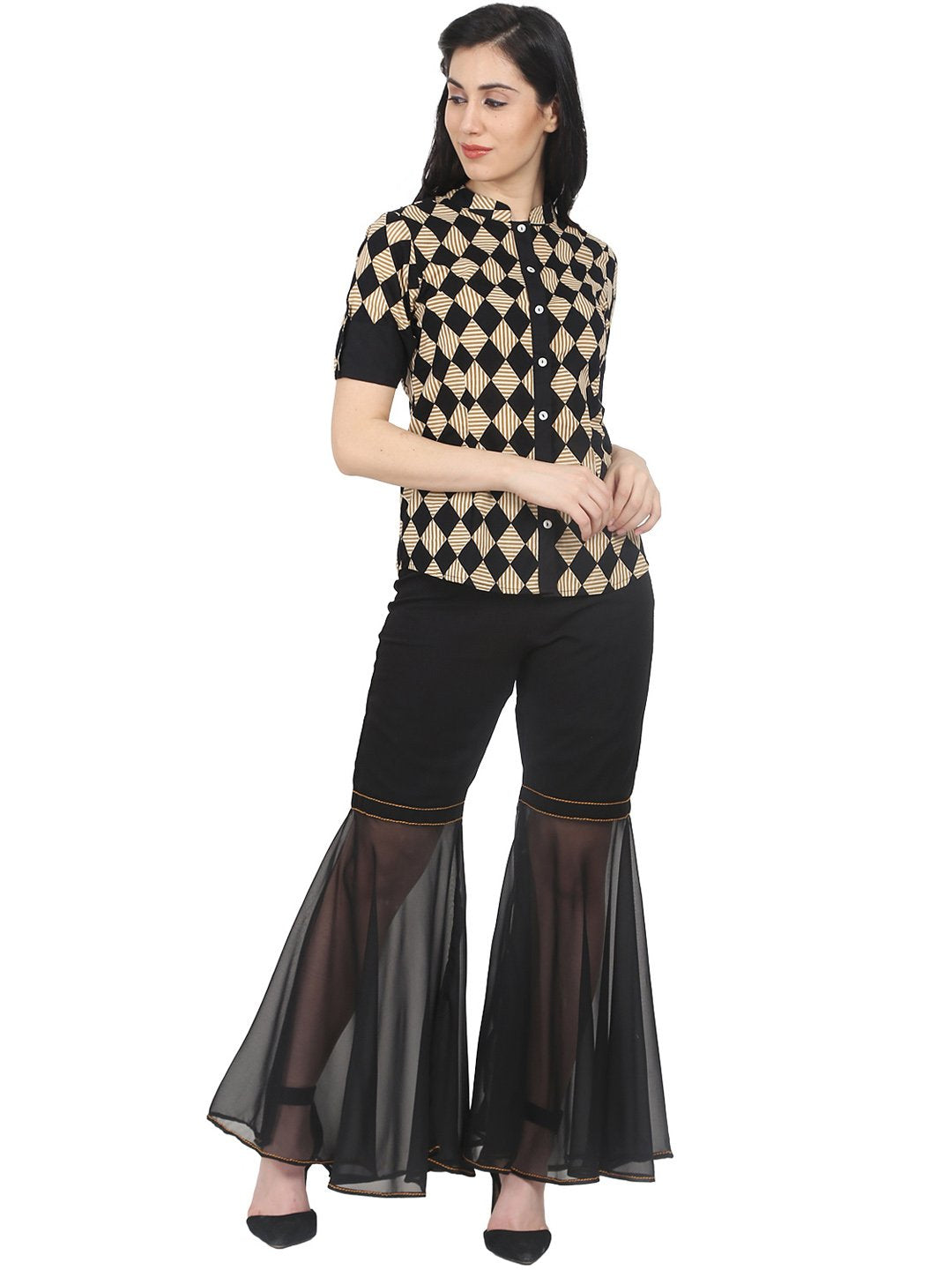 Women's Black & Beige Slim Fit Checked Casual Shirt