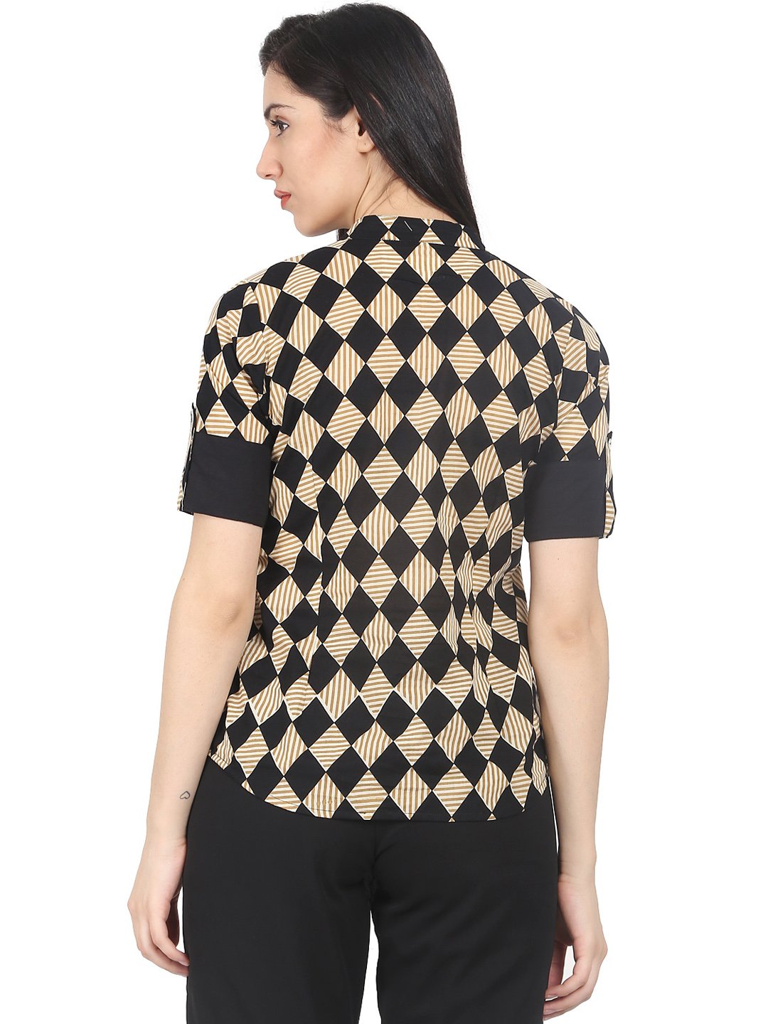 Women's Black & Beige Slim Fit Checked Casual Shirt