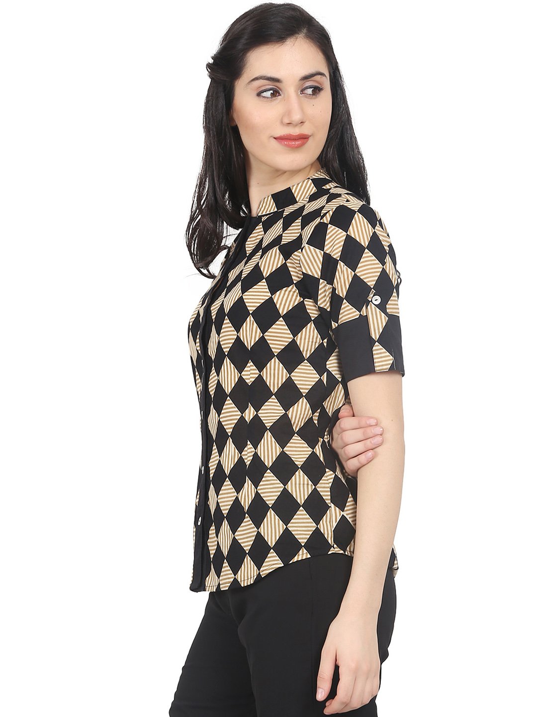 Women's Black & Beige Slim Fit Checked Casual Shirt