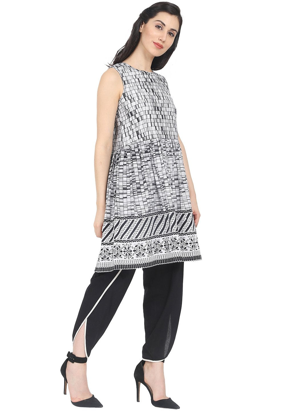 Women's Grey Checked A-Line Kurta