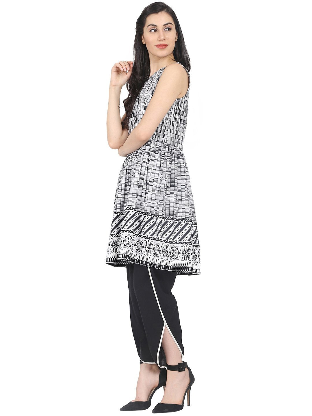 Women's Grey Checked A-Line Kurta