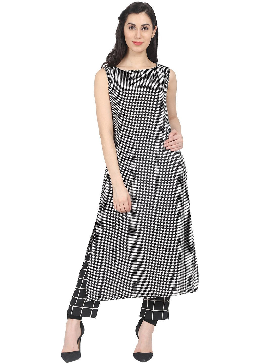 Women's Black check printed sleeveless cotton kurta with black check palazzo