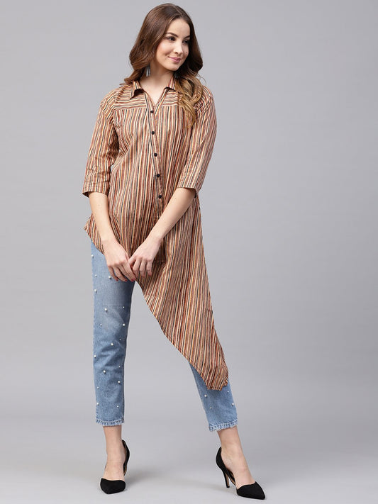 Women's Beige Striped 3/4Th Sleeve Cotton Assymetric Tunic