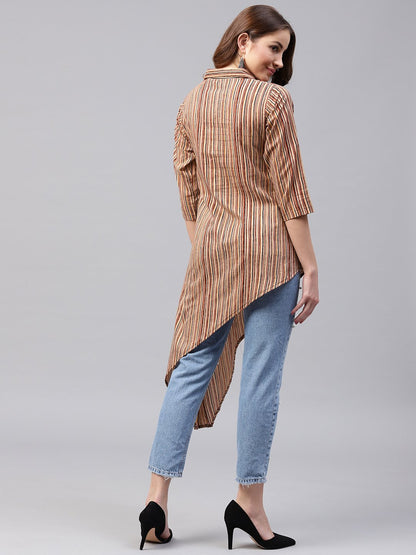 Women's Beige Striped 3/4Th Sleeve Cotton Assymetric Tunic