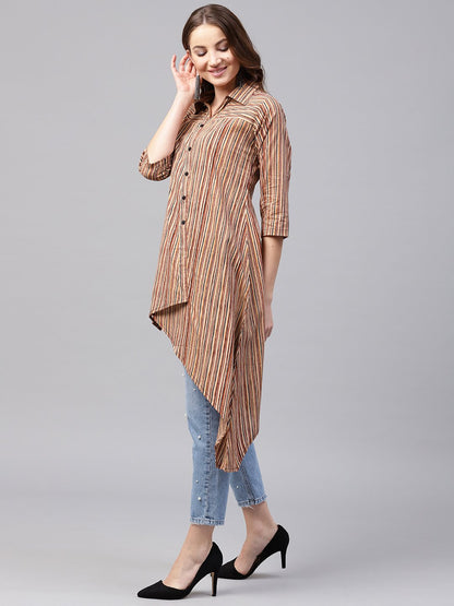 Women's Beige Striped 3/4Th Sleeve Cotton Assymetric Tunic