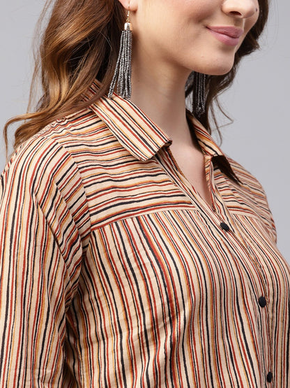 Women's Beige Striped 3/4Th Sleeve Cotton Assymetric Tunic