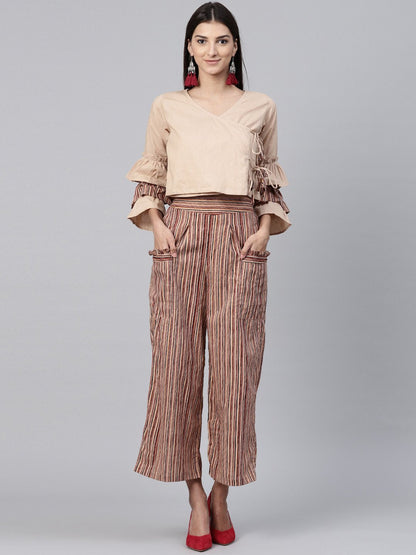 Women's Beige 3/4Th Sleeve Cotton Tops With Beige Striped Palazzo With Double Pocket