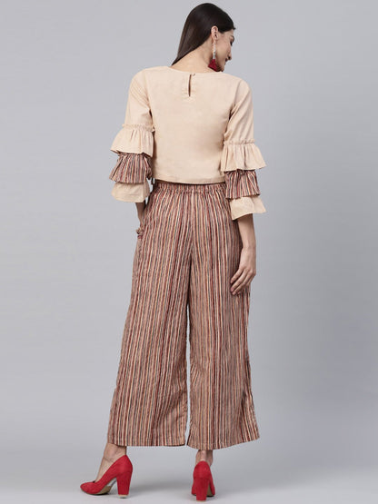 Women's Beige 3/4Th Sleeve Cotton Tops With Beige Striped Palazzo With Double Pocket