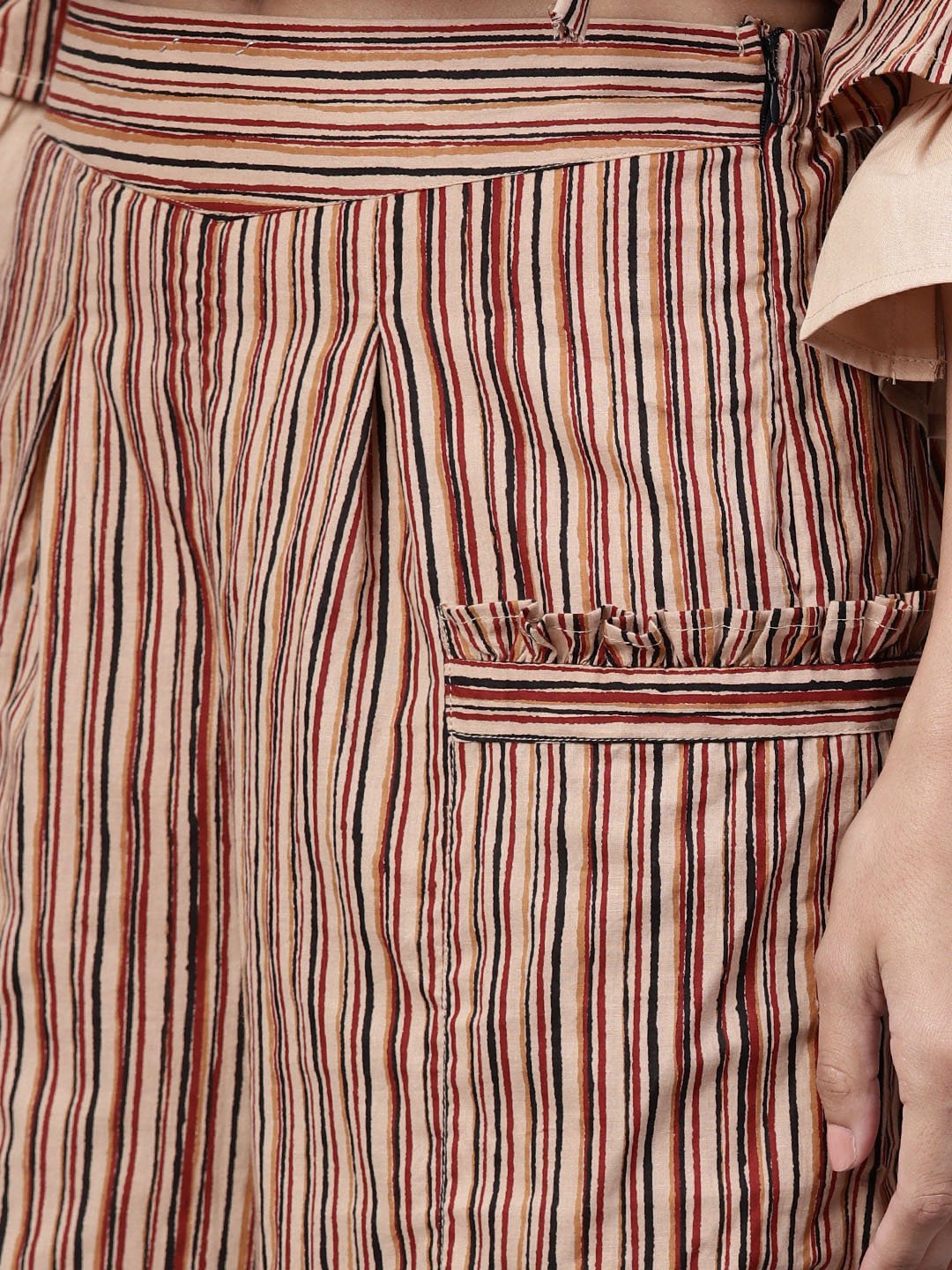 Women's Beige 3/4Th Sleeve Cotton Tops With Beige Striped Palazzo With Double Pocket