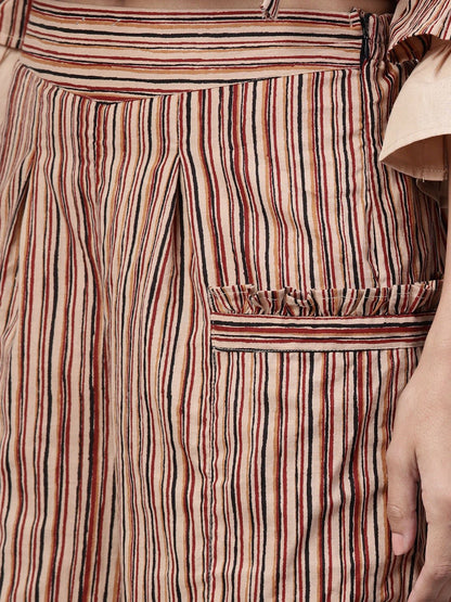 Women's Beige 3/4Th Sleeve Cotton Tops With Beige Striped Palazzo With Double Pocket