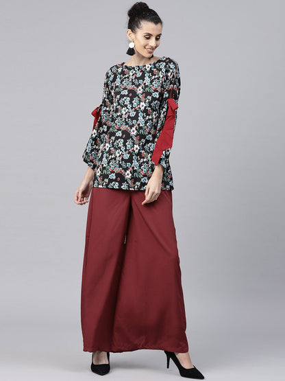 Women's Black & Blue Printed Full Sleeve Crepe Tops With Red Palazzo