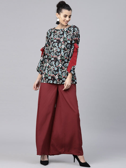 Women's Black & Blue Printed Full Sleeve Crepe Tops With Red Palazzo