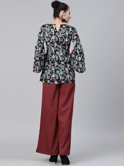 Women's Black & Blue Printed Full Sleeve Crepe Tops With Red Palazzo