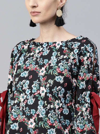 Women's Black & Blue Printed Full Sleeve Crepe Tops With Red Palazzo