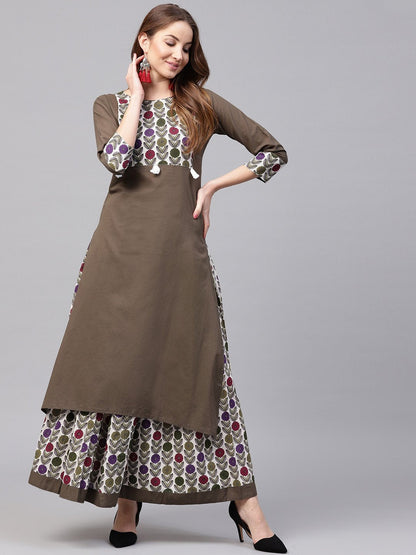 Women's Grey 3/4Th Sleeve Cotton Kurta With Printed Ankle Length Palazzo