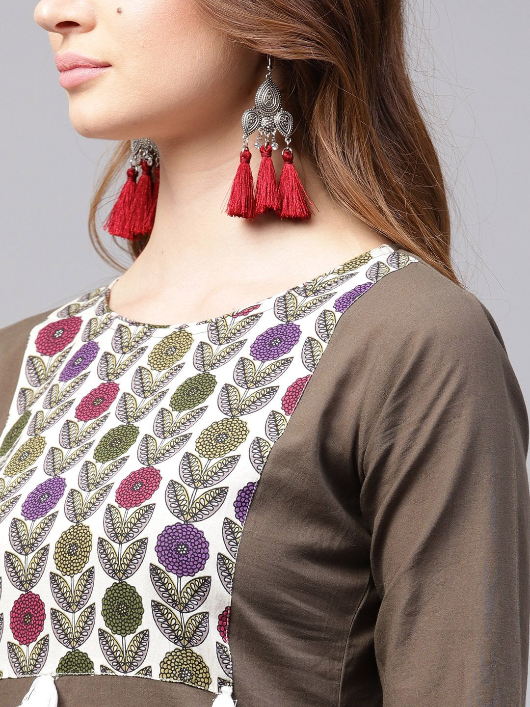 Women's Grey 3/4Th Sleeve Cotton Kurta With Printed Ankle Length Palazzo
