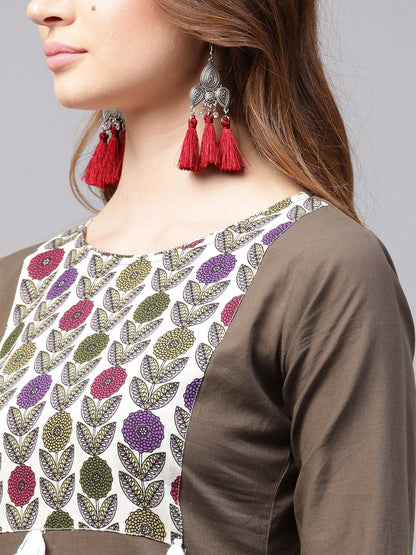 Women's Grey 3/4Th Sleeve Cotton Kurta With Printed Ankle Length Palazzo