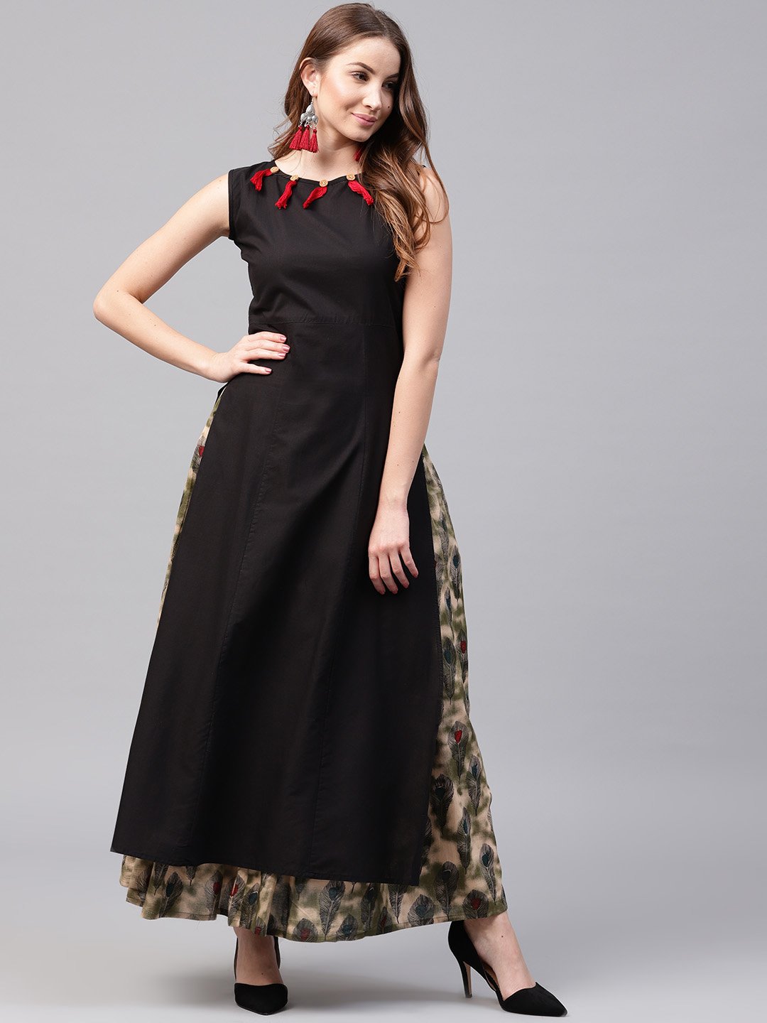 Women's Black Sleeveless Cotton Kurta With Green Printed Flared Skirt